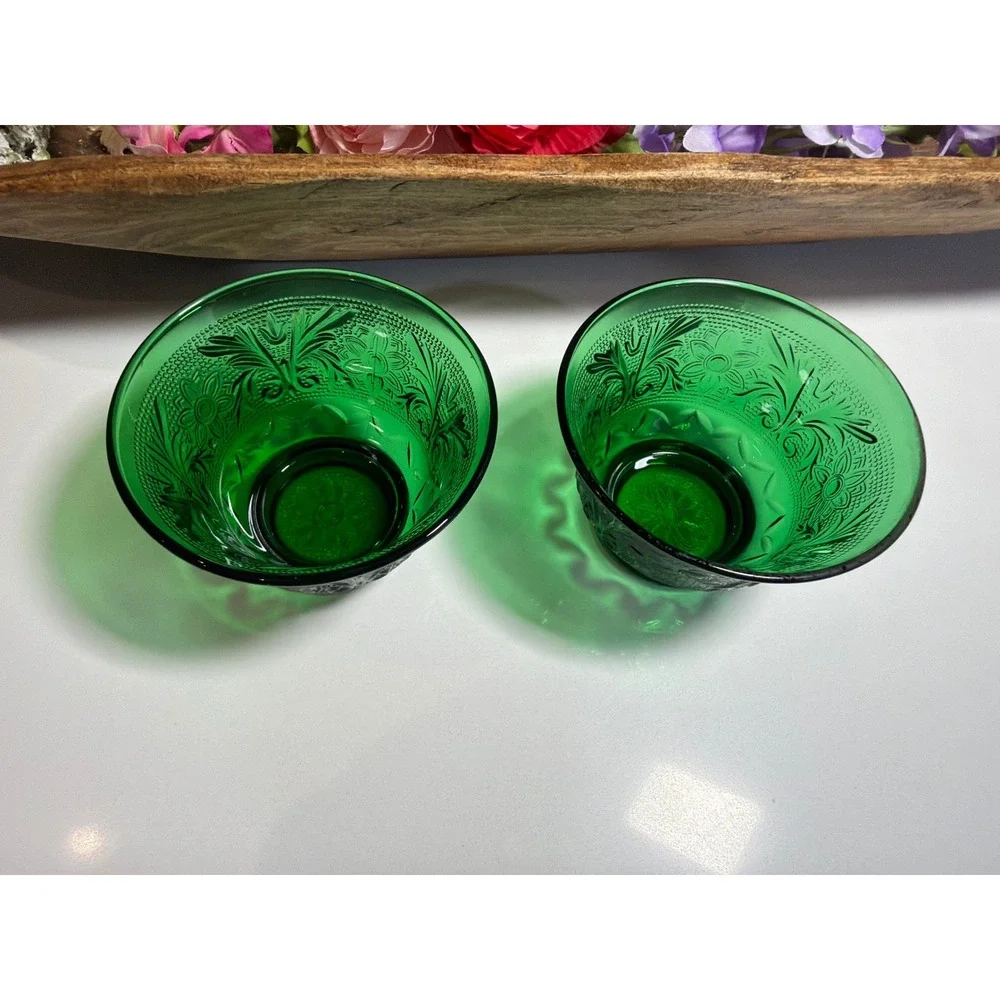 Vintage Emerald Green Glass Floral Pressed‎ Dessert Custard Bowls Set of 2